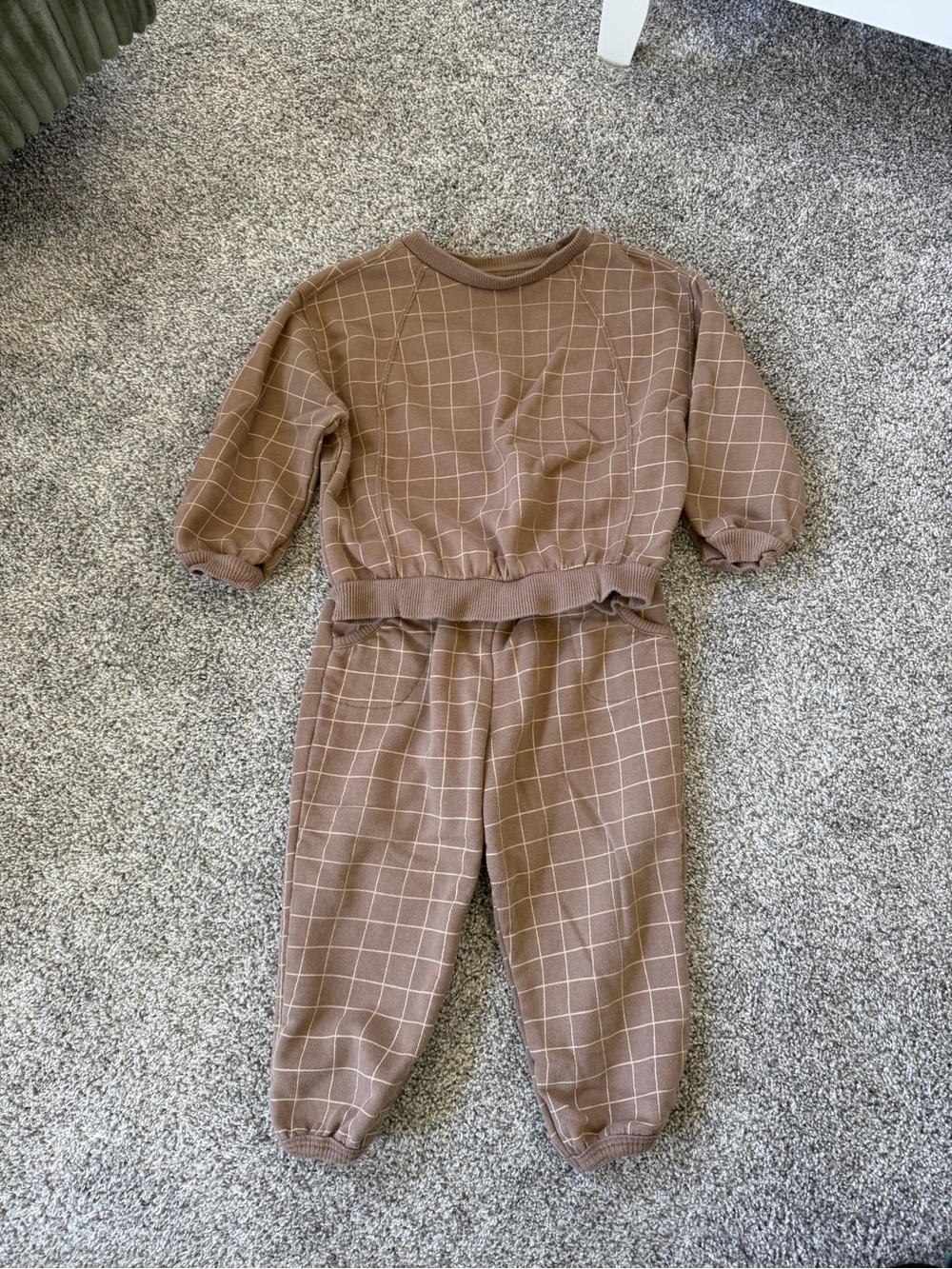 Kids Brown Grid Jogger Set - Cozy Matching Sweatshirt & Pants
